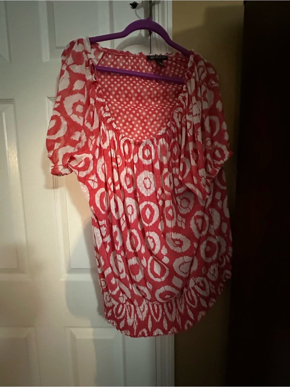 INC International Concepts Coral and White Printed Peasant Blouse